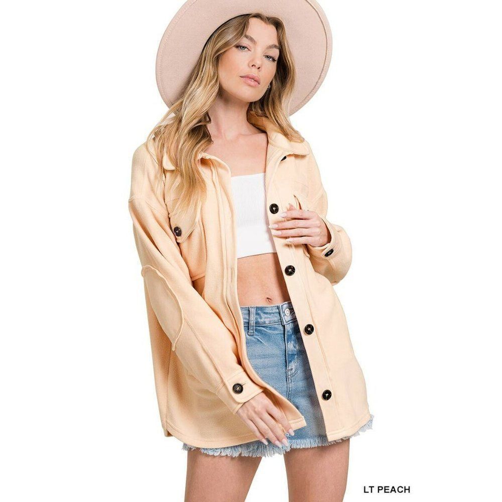 Zenana All About the Fleece Button-Down Shacket in Light Peach S-L QJ-4000Y - Picture 4 of 9